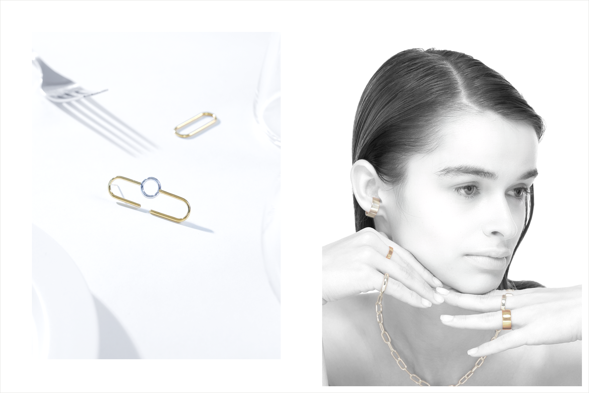 Ellips Loop Pierced Earrings_K18YG&Rhodium coat--Arc #1 - Cuff Ring_K18YG--Moderate Dome Ring--Chain Neckless & Bless_2way--Arc #1 - Cuff Ring_SV925--Arc #2 - Cuff Ring_K18YG coat